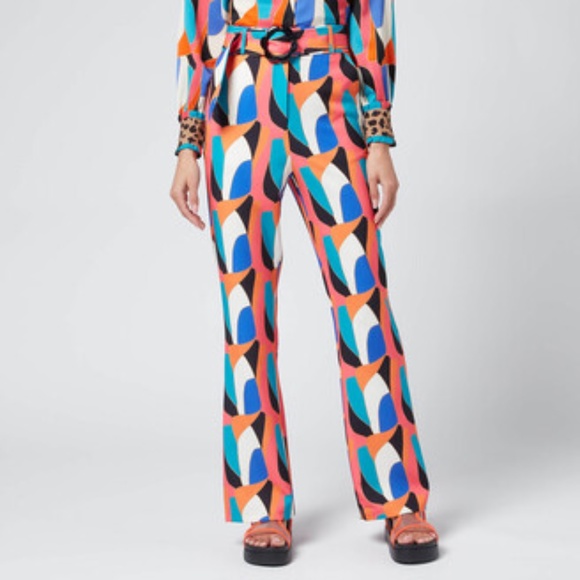 Never Fully Dressed Pants - Never Fully Dresses abstract print flare pants with acrylic flower buckle